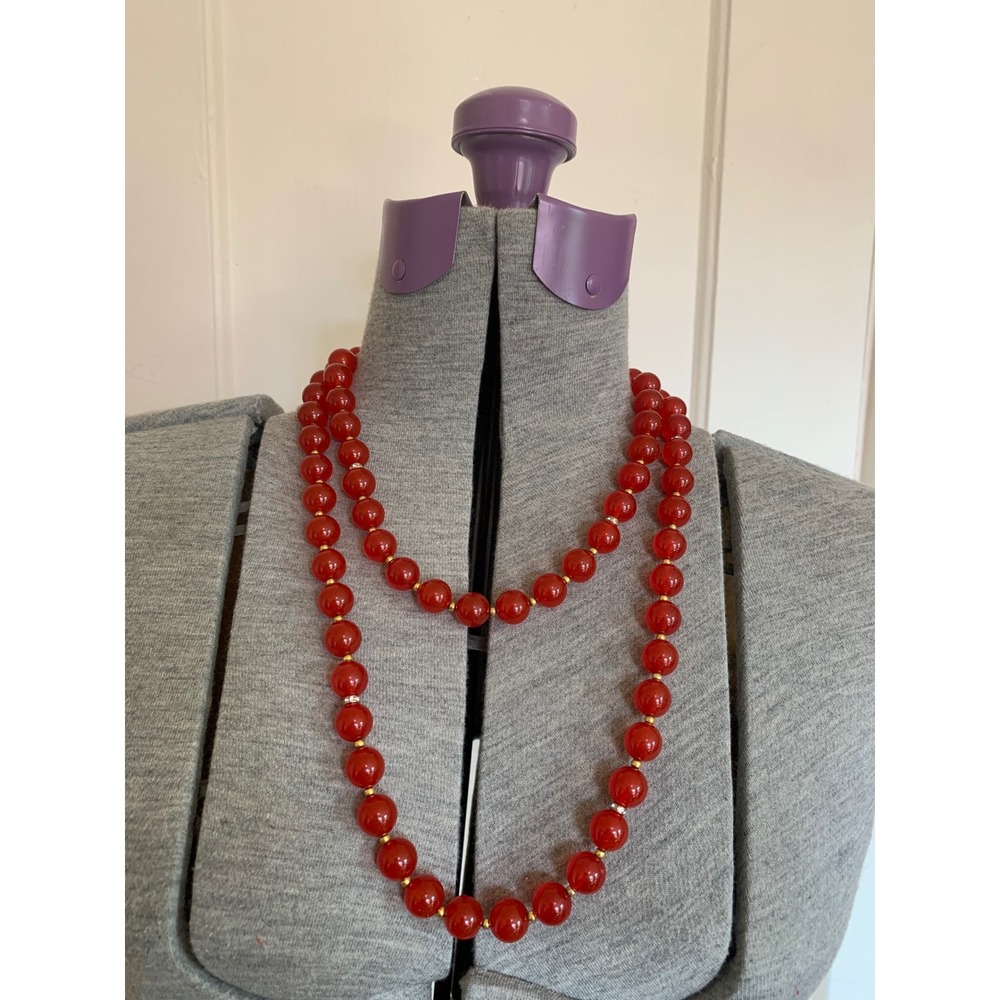 Vintage Red Carnelian Agate Bead Opera Length Necklace Gold Tone Rhinestone 44"